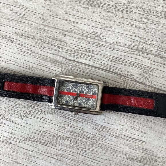 Y2K PRADA Milano Red Blue Leather Striped Band Logo Designer Unisex Watch - Picture 2 of 5